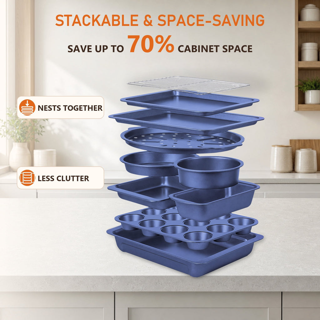 HONGBAKE 29-Pcs Nonstick Carbon Steel Bakeware Set, Baking Pan Set with Baking Sheets, Cake Pans, Loaf Pan & Muffin Pan, Grey