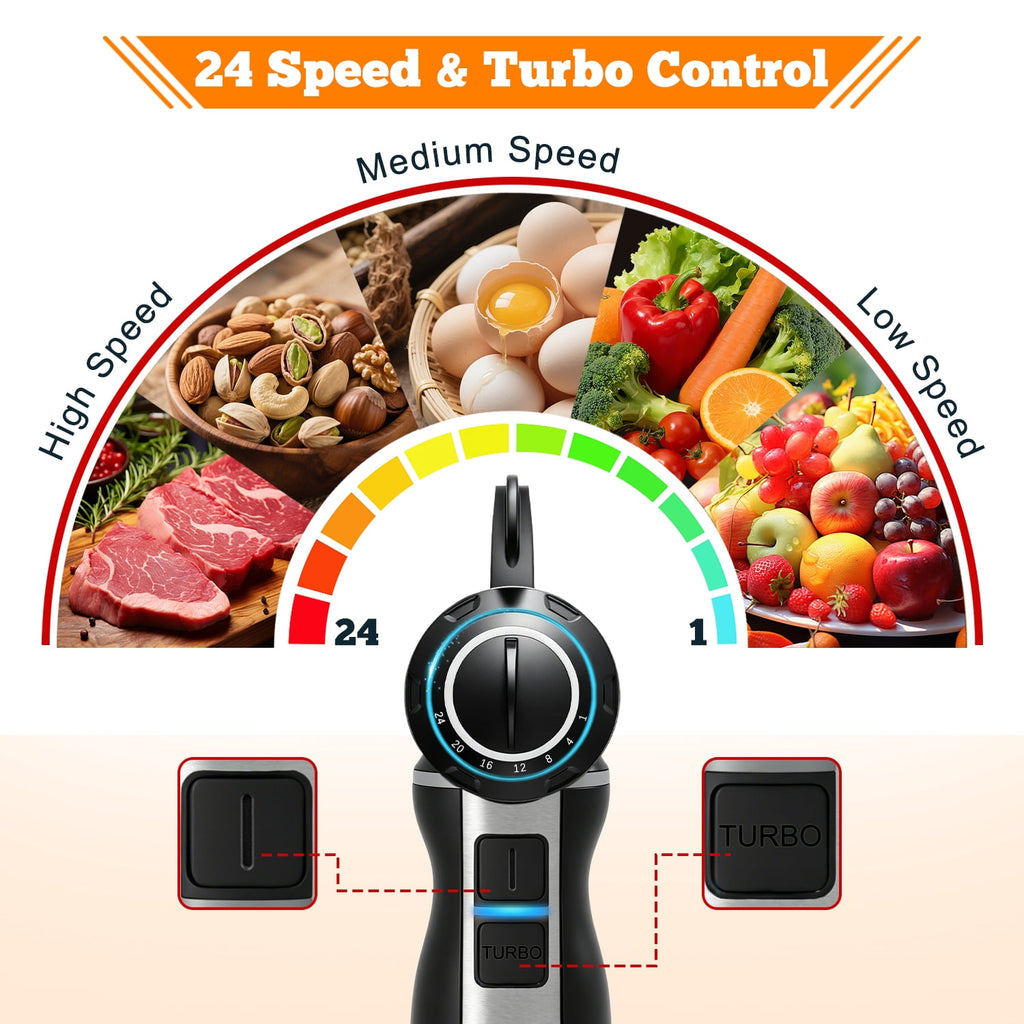 Vaparinckl Immersion Blender, 24-Speed 1100W Stainless Steel Handheld Blender, 5-in-1 with Turbo, Hand Mixer Stick Blender with Chopper, Beaker, Whisk,Milk Frother for Kitchen, Soups&Smoothies, Black