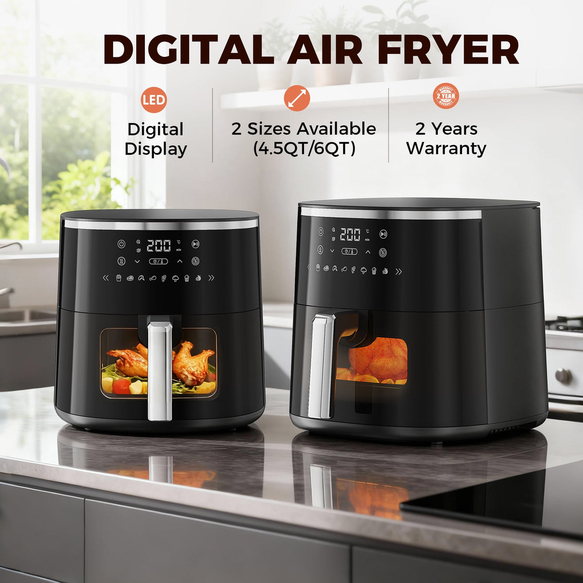 4QT Air Fryer with 8 Cooking Presets, Air Fry, Roast, Bake, Reheat, Dehydrate, Flip Reminder, 1200W, 140-400°F, Compact Design