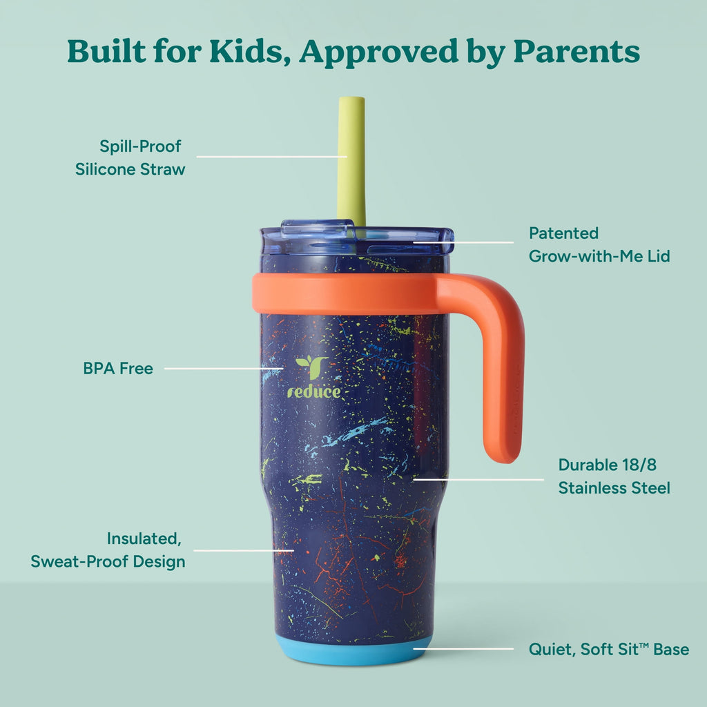 Reduce Coldee Kids Insulated Tumbler with Straw, 18oz Stainless Steel Spill-Proof Cup with Handle, Smiles