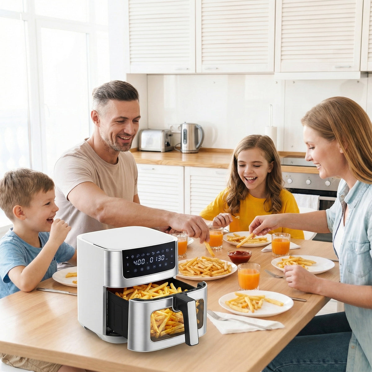 EDX 6QT Stainless Steel Air Fryer with Digital Touchscreen, 1500W, 8 Presets, Dishwasher Safe Basket, 90 Min Timer, 24H Delay Start, Gray