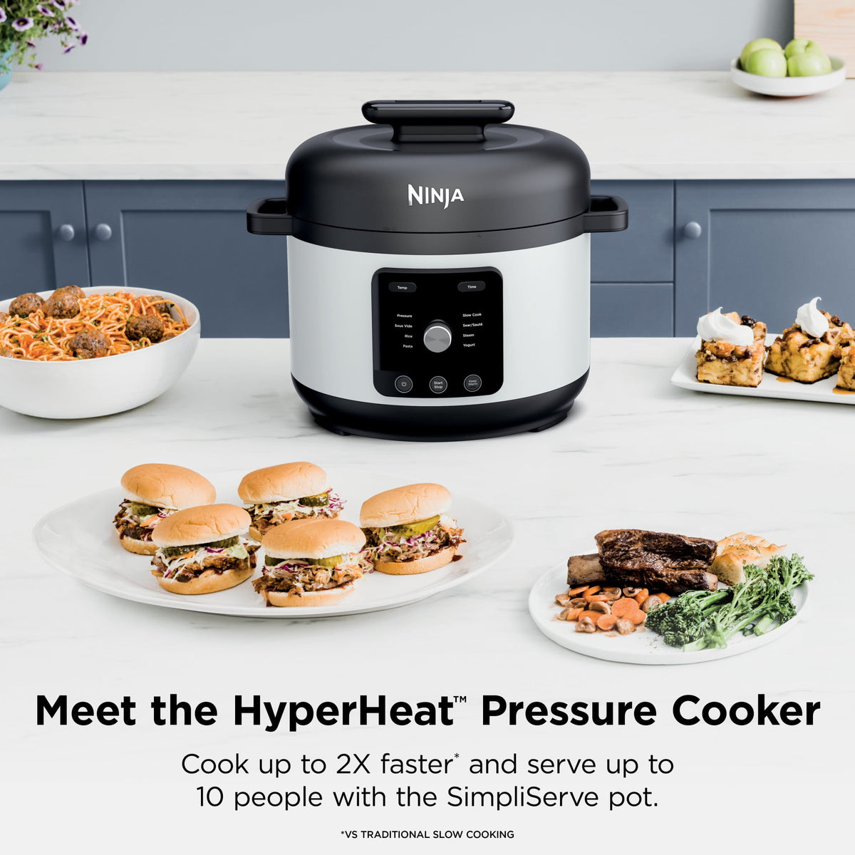 Ninja HyperHeat 8-in-1 Electric Pressure Cooker with SimpliServe Pot — 6.5 Qt, Cooks Up to 2X Faster, 1200W, Feeds 8–10, Sage Leaf