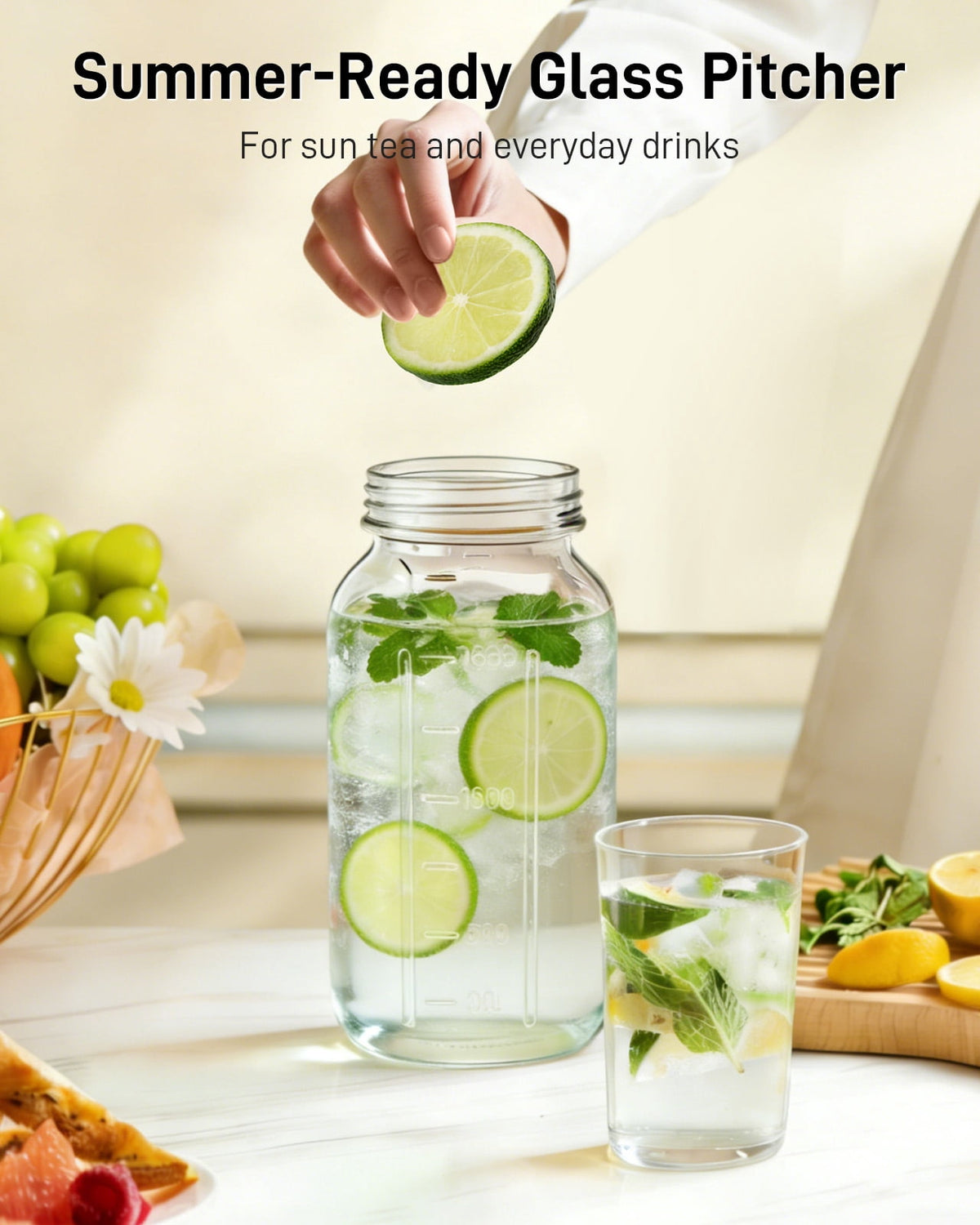 VA1KENE Glass Pitcher with Lid, Mason Jar Pitcher with Spout and Handle for Lemonade, Iced Drinks, and Sun Tea 64oz Gray