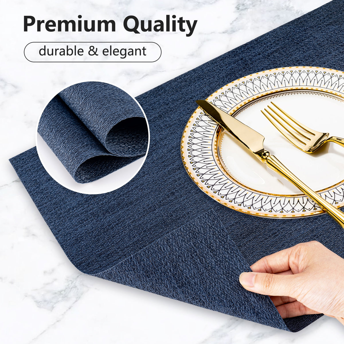 VCVCOO Navy Blue Placemats Set of 4 - Easy Clean Washable PVC Vinyl Placemats - Wipeable Heat Resistant Woven Table Mats for Dining Table - 12x18 inch