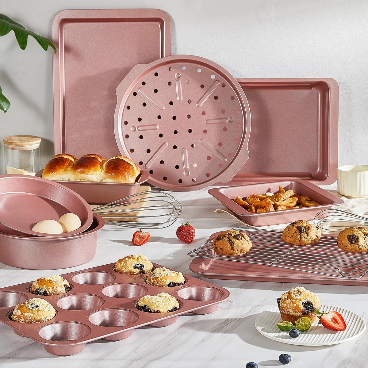 HONGBAKE 29-Pcs Nonstick Carbon Steel Bakeware Set, Baking Pan Set with Baking Sheets, Cake Pans, Loaf Pan & Muffin Pan, Grey