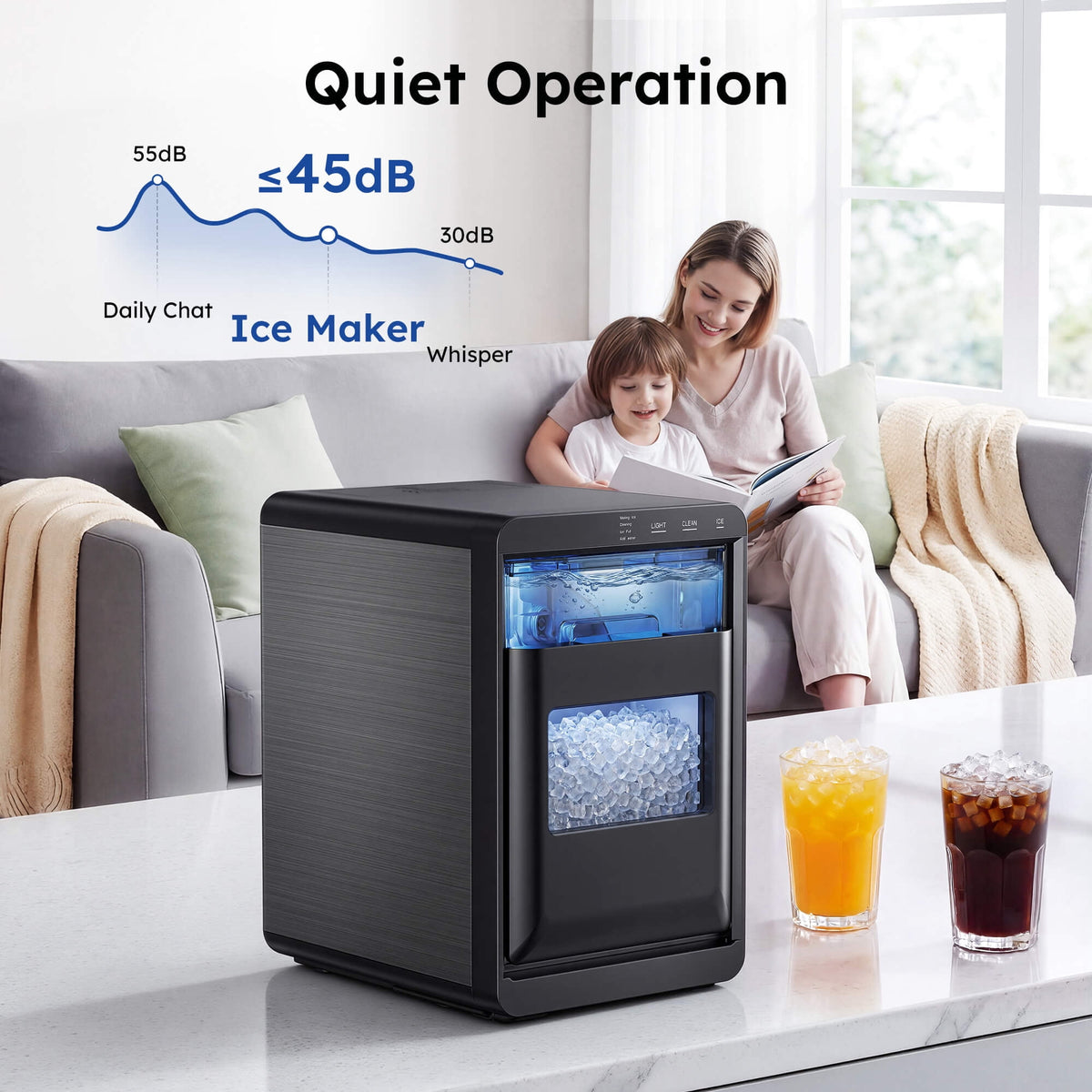 Simzlife Nugget Ice Maker Countertop, 44 lbs/24H, Soft Chewable Sonic-Style Pebble Ice machine, One-Touch Self-Cleaning, Stainless Steel Black