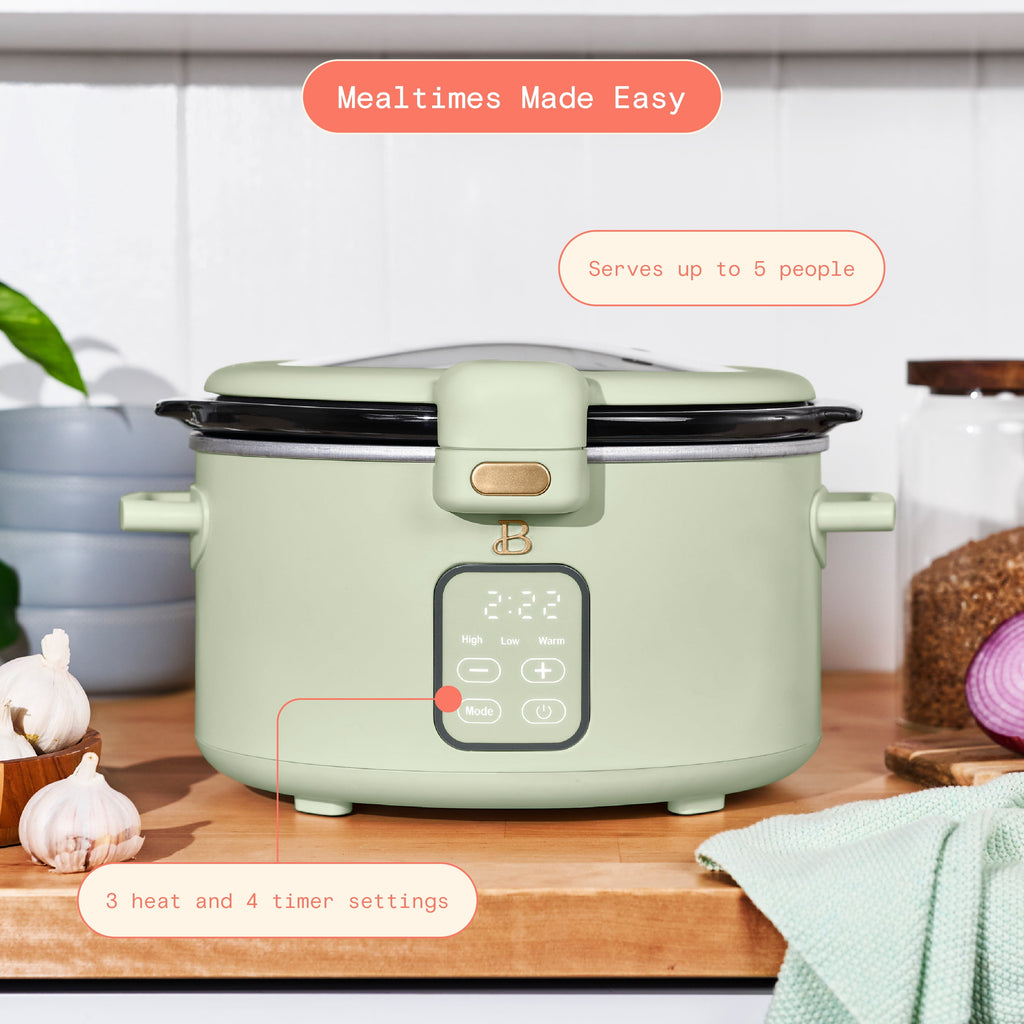 Beautiful 4 Qt Digital Slow Cooker with Hinged Locking Lid, Thyme Green by Drew Barrymore