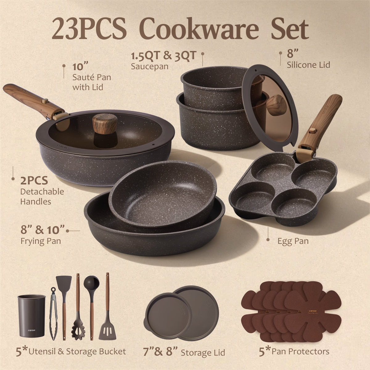 CAROTE 23-Piece Nonstick Pots and Pans, Granite Cookware Set with Detachable Handle, Induction Compatible, Oven & Dishwasher Safe, Brown
