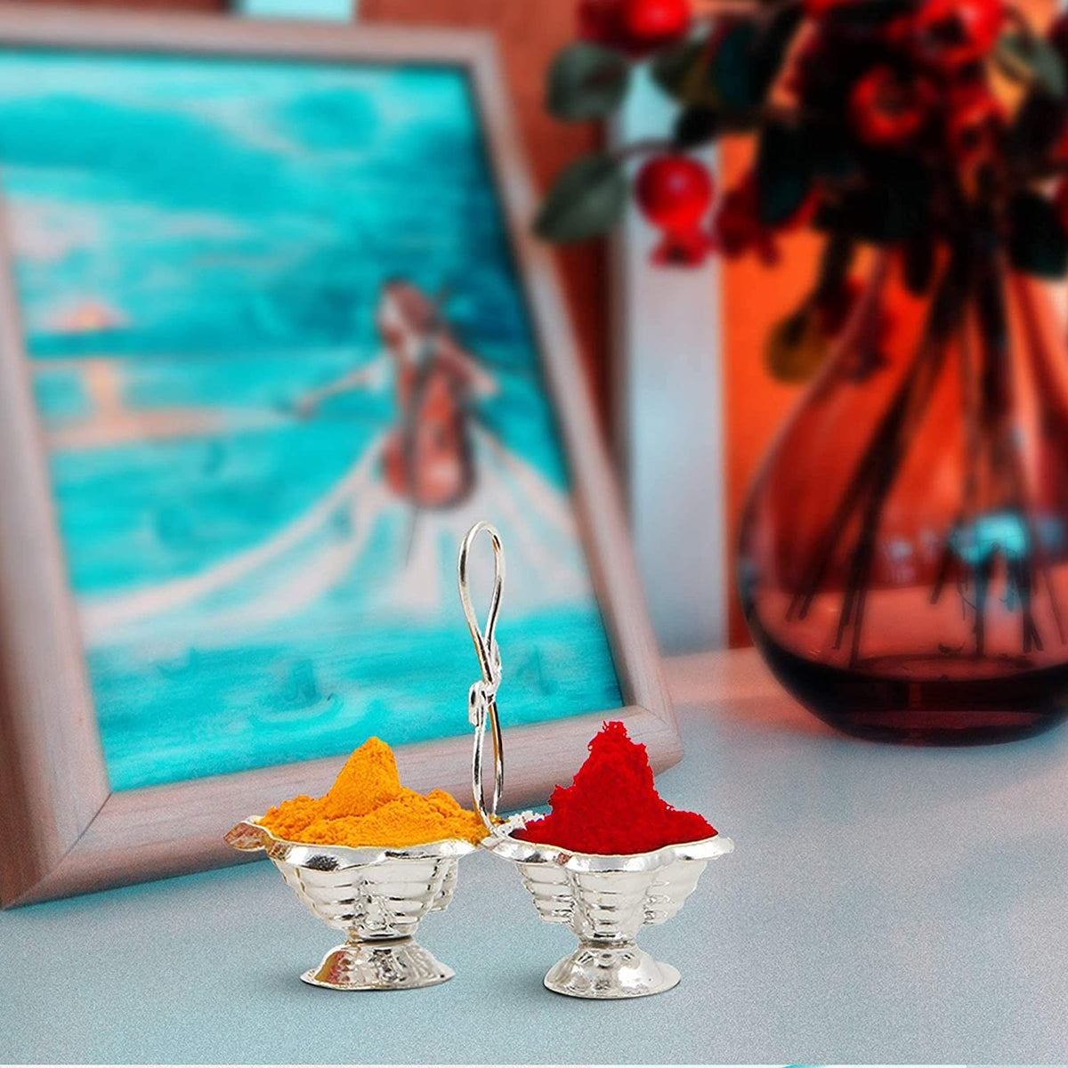 Shubhkart Pack of 3 Silver Plated Haldi Kumkum Holder Stand Set for Puja, Home, Office Décor, Diwali Gift, Festive Gift