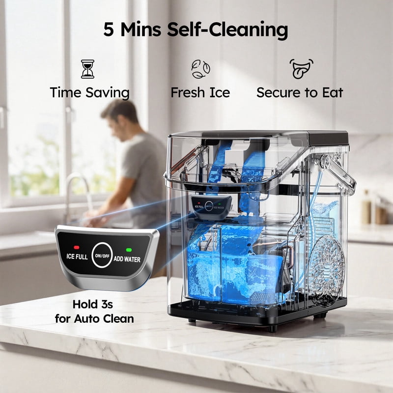SIMZLIFE Countertop Nugget Ice Maker 33Lbs/24H, 5-Min Ice Cycle, Self-Cleaning, Portable Ice Machine with Basket & Scoop, Black
