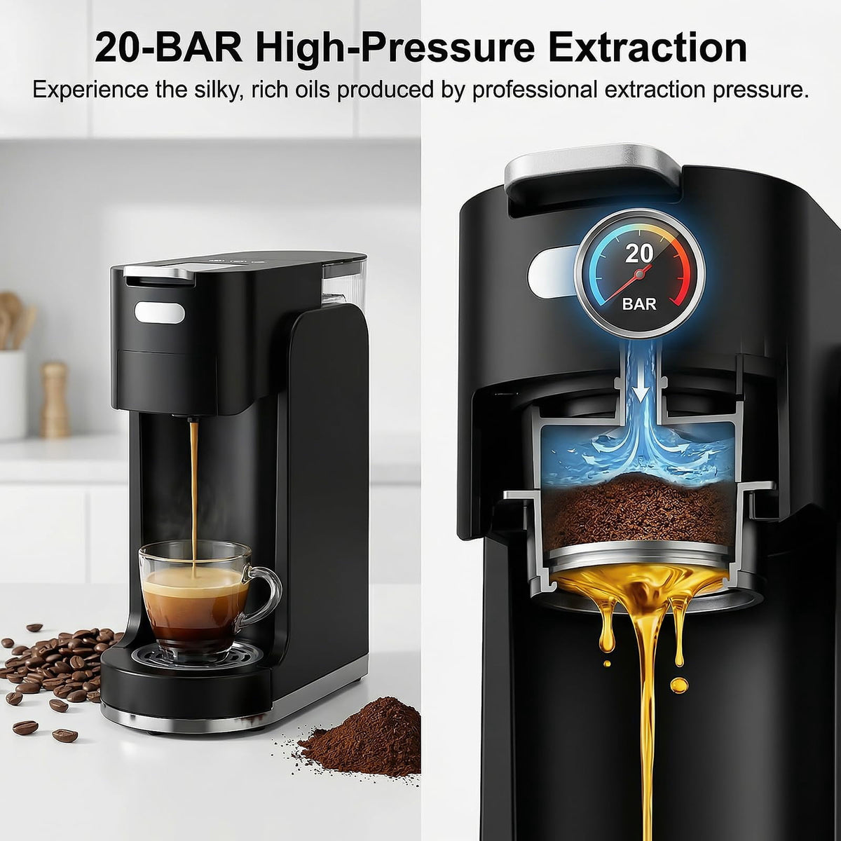 GVODE 4-in-1 Single Serve Coffee Maker, 3-Second Heat-Up, 20 Bar Hot and Iced Espresso Machine, White