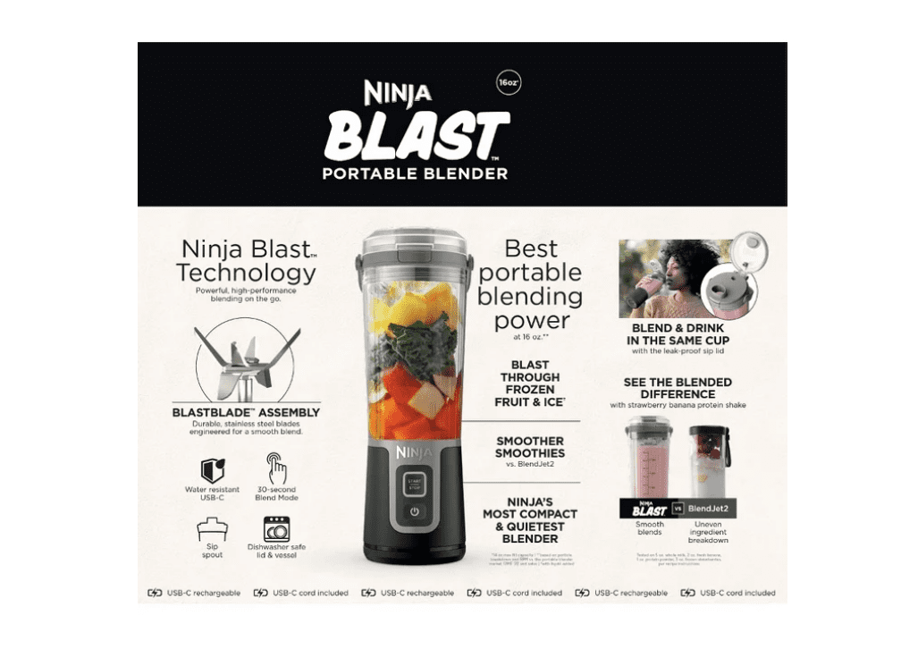 Restored Ninja Blast 16 oz. Personal Portable Blender with Leak Proof Lid & Easy Sip Spout, Perfect for Smoothies, Black, BC100BK (Refurbished)