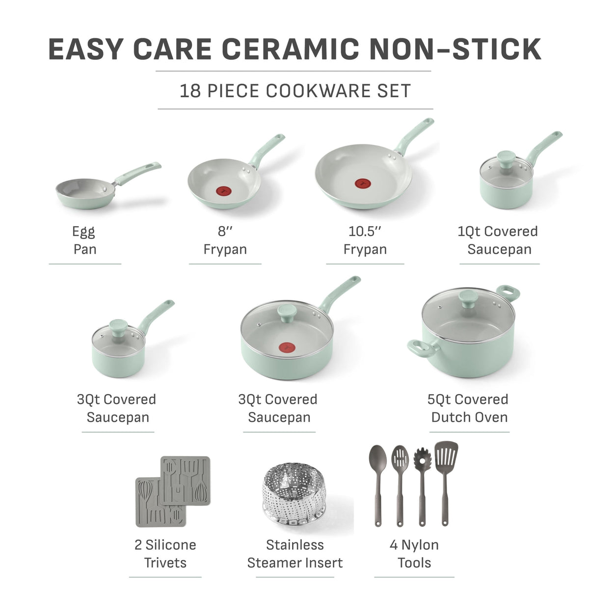 T-fal Easy Care 18 Piece Ceramic Nonstick Cookware Set, Pots and Pans, Mint Green