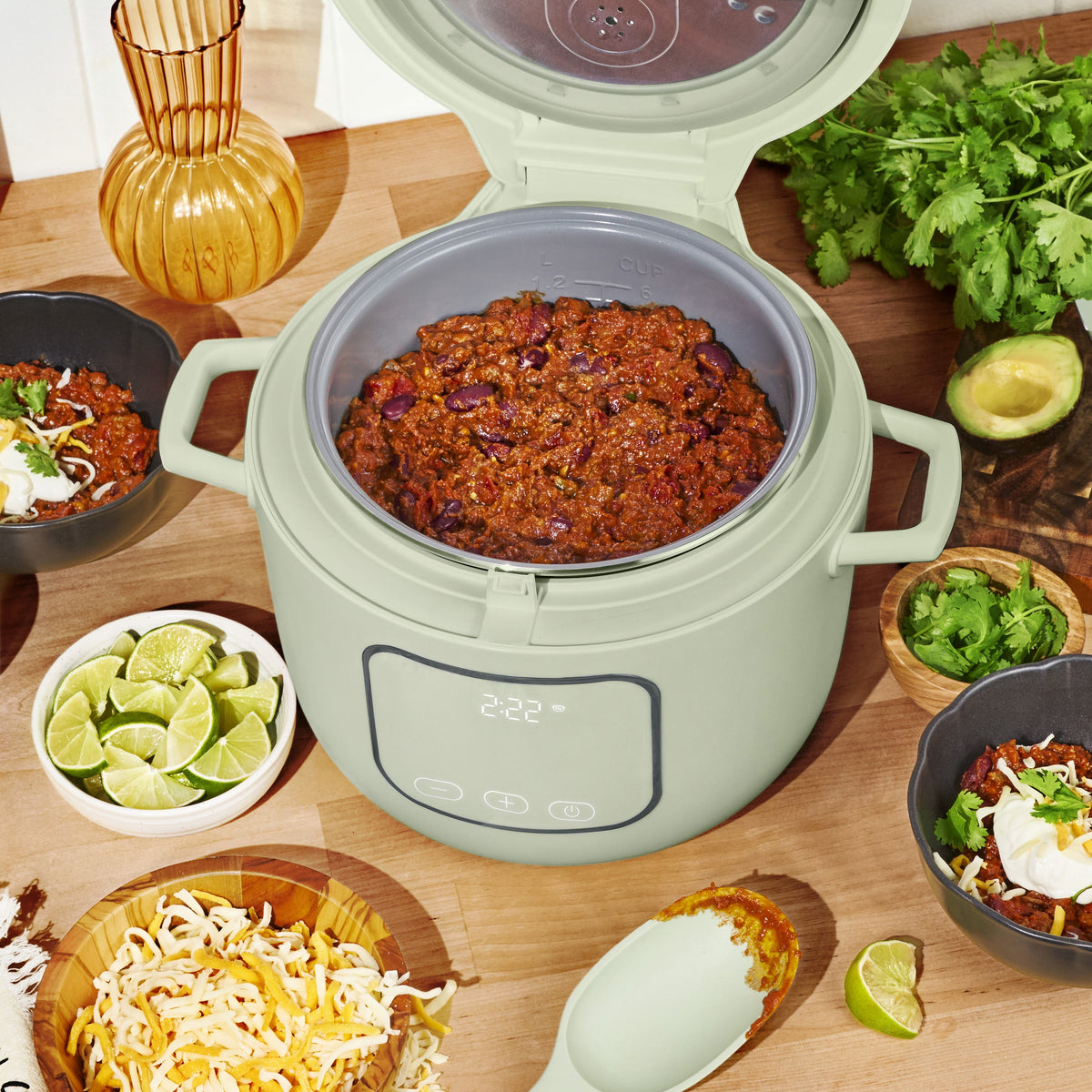 Beautiful 14-Cup Cooked, 6-Cups Uncooked Electric Rice and Grain Cooker, EverGood Ceramic Nonstick Coating, Thyme Green by Drew Barrymore