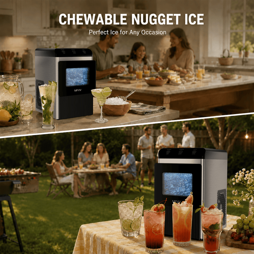 Nugget Ice Maker Countertop 38lbs/Day, Soft Chewable Pebble Ice Ready in 6 Mins, Compact Self-Cleaning Portable Ice Machine, Quiet 42dB, Stainless Steel with LED for Home Kitchen Office RV