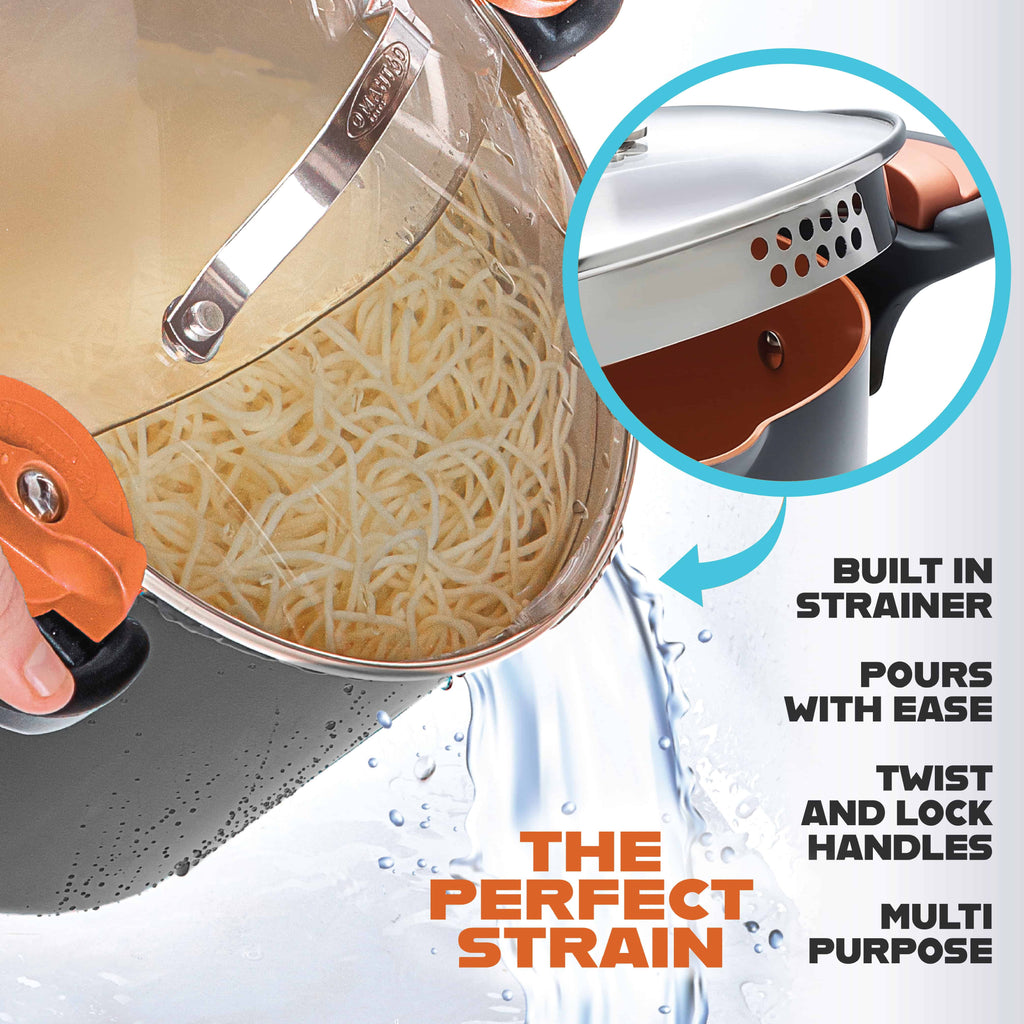 Gotham Steel 5 Qt Nonstick Pasta Pot Pasta Pot with Strainer Lid & Twist and Lock Handles, Multipurpose Ceramic Stock Pot, Soup Pot with Lid, Pasta Cooker, Spaghetti, Rice, Dishwasher Safe, Copper