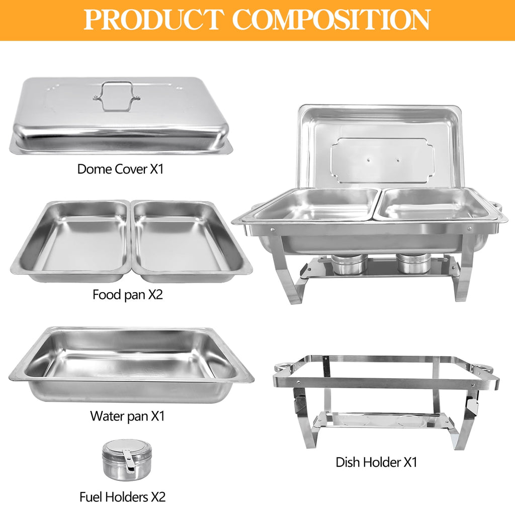 Jacgood Chafing Dish Buffet Set 4 Pack 8QT Full Pan Stainless Steel Food Warmer Chafer Complete Set with Water Pan, Chafing Fuel Holder for Home Party, Buffets, Wedding, Banquet, Catering Events