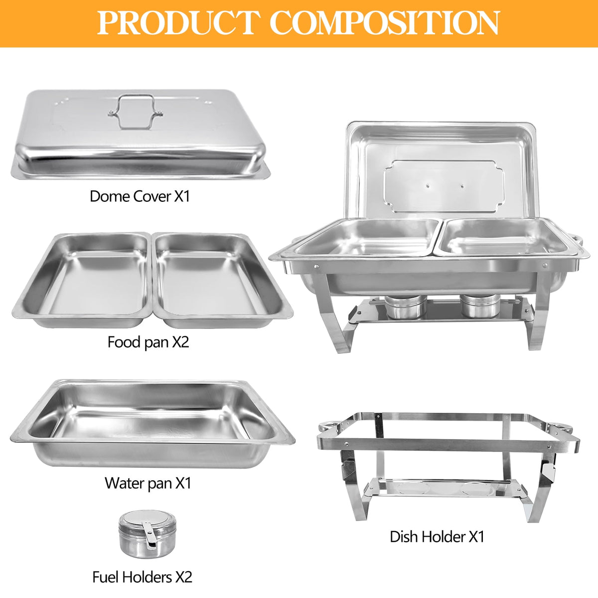 Jacgood Chafing Dish Buffet Set 4 Pack 8QT Full Pan Stainless Steel Food Warmer Chafer Complete Set with Water Pan, Chafing Fuel Holder for Home Party, Buffets, Wedding, Banquet, Catering Events