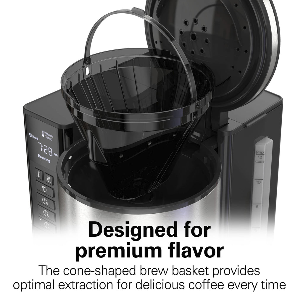 Hamilton Beach Premium 12-Cup Programmable Drip Coffee Maker Machine with Glass Coffee Pot, Black