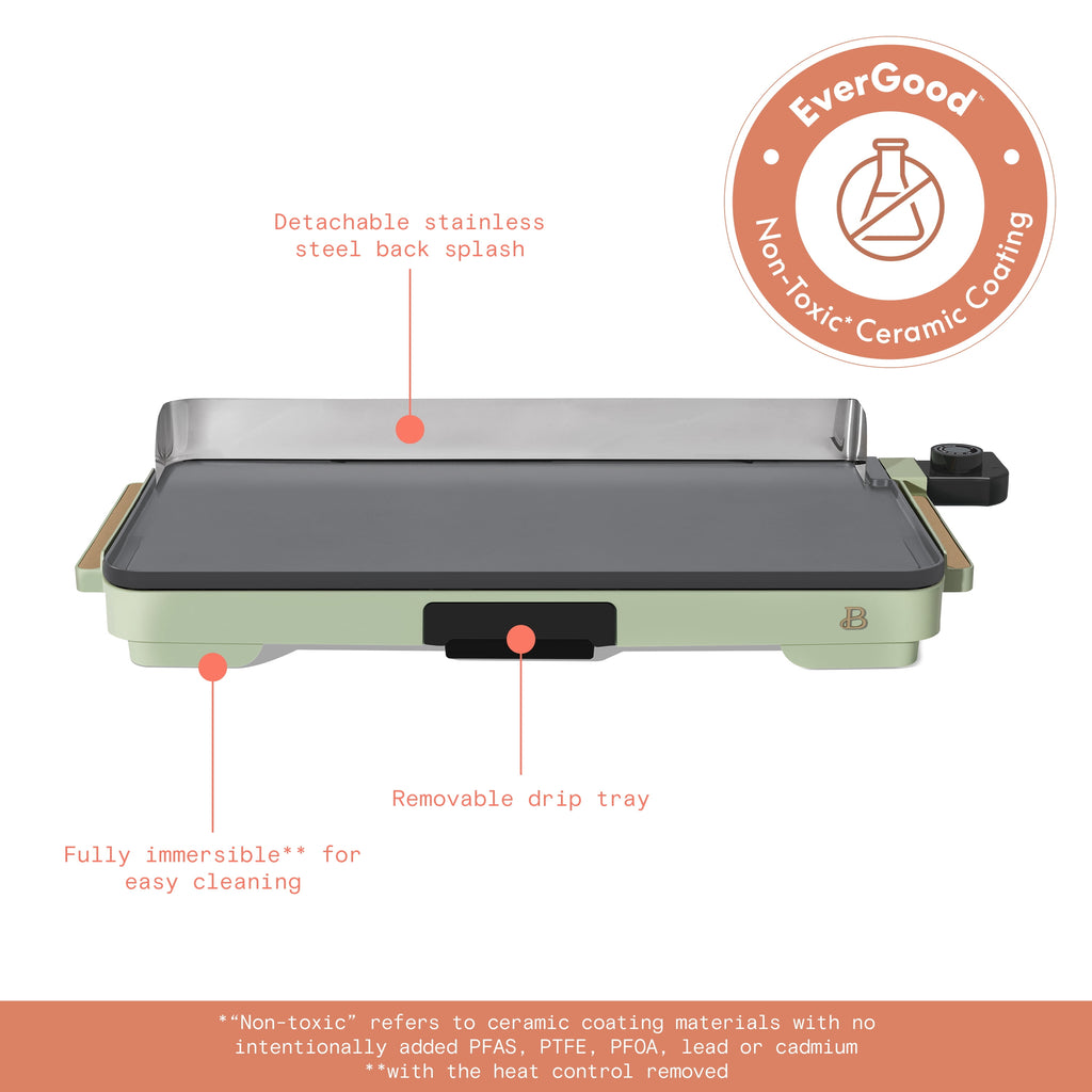 Beautiful XL Electric Griddle 12" x 22" with EverGood Ceramic Nonstick Coating, Thyme Green by Drew Barrymore