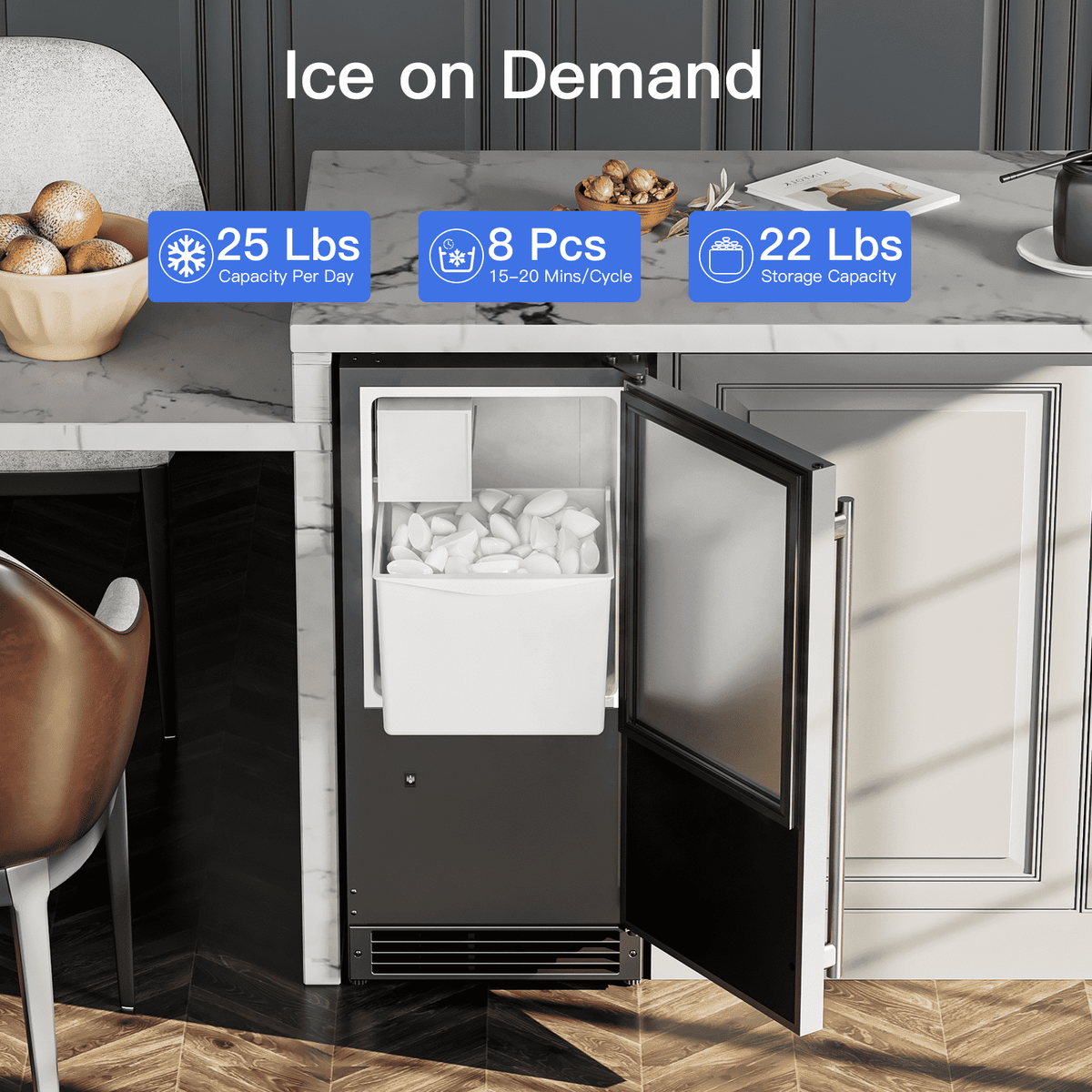OUTBID 15" Under Counter Ice Maker Drainless, 25 lbs/24H Crescent Ice Machine with 22 lbs Storagefor Home Bar Kitchen Commercial, ETL