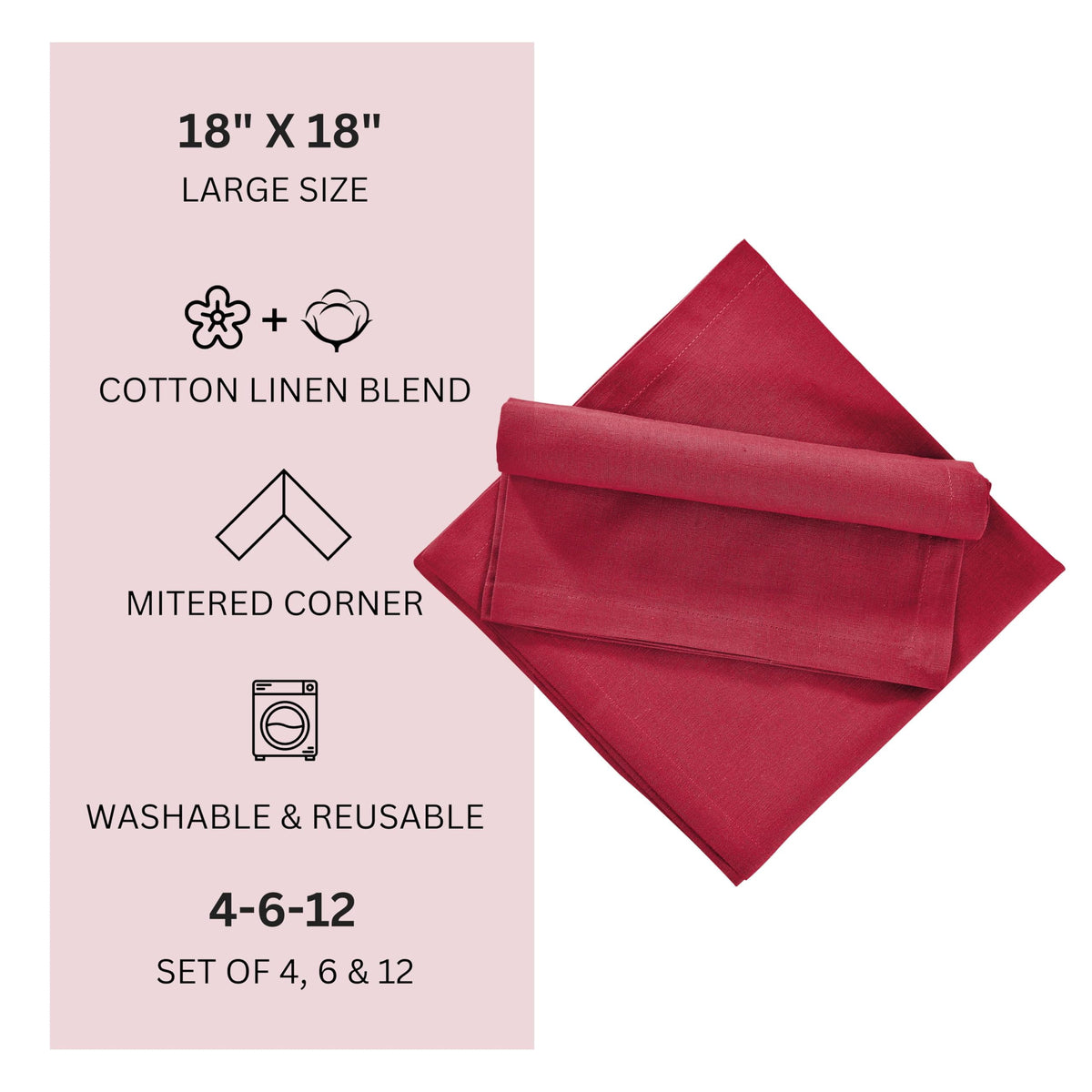 Fingercraft Cloth Napkin, Solid Color Cotton Linen Blend Table Napkins, Soft and Absorbent Fabric, Set of 12, Blush Pink