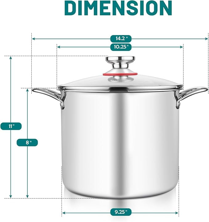 Coliware 8 QT Stainless Steel Stock Pot with Glass Lid, Cooking Soup Pot with 3-Ply Whole Clad for
