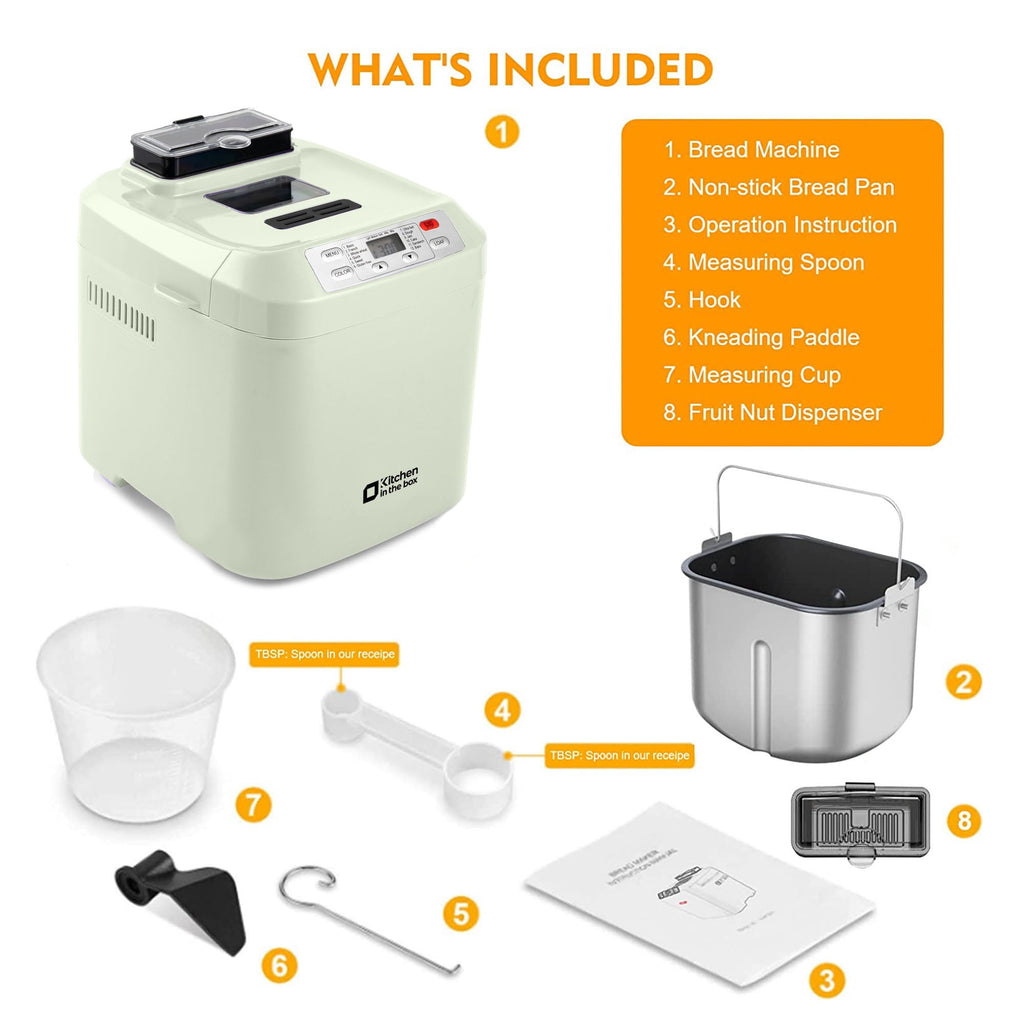 Kitchen in the Box 2lb Bread Maker with Auto Fruit Nut Dispenser, 12-in-1 Gluten-Free Bread Machine, 13H Delay Timer, Nonstick Pan, Keep Warm, White
