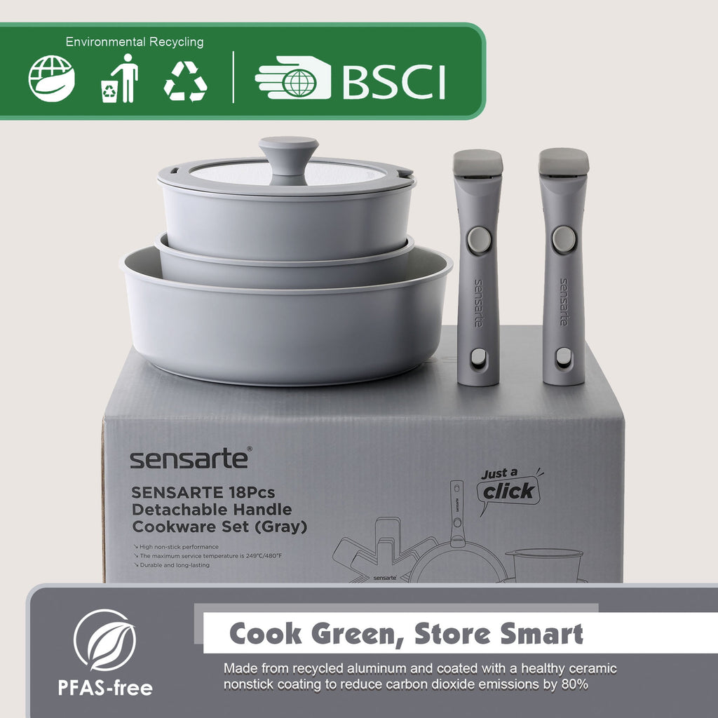 SENSARTE 18-Piece Ceramic Cookware Set with Detachable Handle, Gray Nonstick Pots and Pans Set, Induction Compatible, Dishwasher/Oven Safe, Healthy Cooking Set for RV & Camping