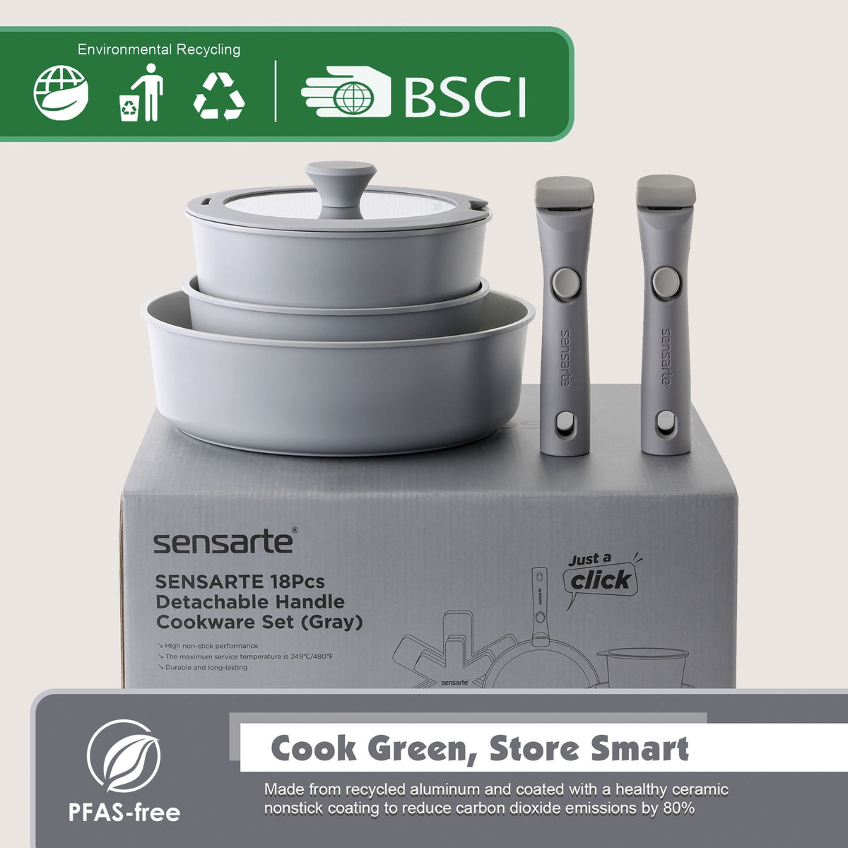 SENSARTE 18-Piece Ceramic Cookware Set with Detachable Handle, Gray Nonstick Pots and Pans Set, Induction Compatible, Dishwasher/Oven Safe, Healthy Cooking Set for RV & Camping