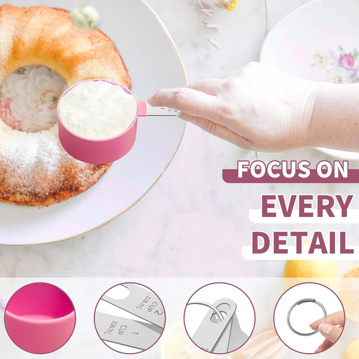 8Pcs Measuring Cups Set Measuring Spoons Set, Nesting Measure Cups with Stainless Steel Handle, For Measuring Dry and Liquid Ingredients Small Teaspoon with Plastic Head (Pink)