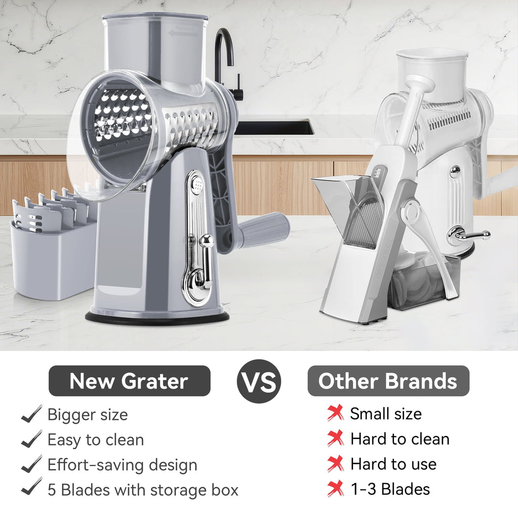 Pukomc Rotary Cheese Grater with Handle- 5 Blades, Suction Base, Mandoline Slicer & Veg Shredder with Blade Storage Box(Green)