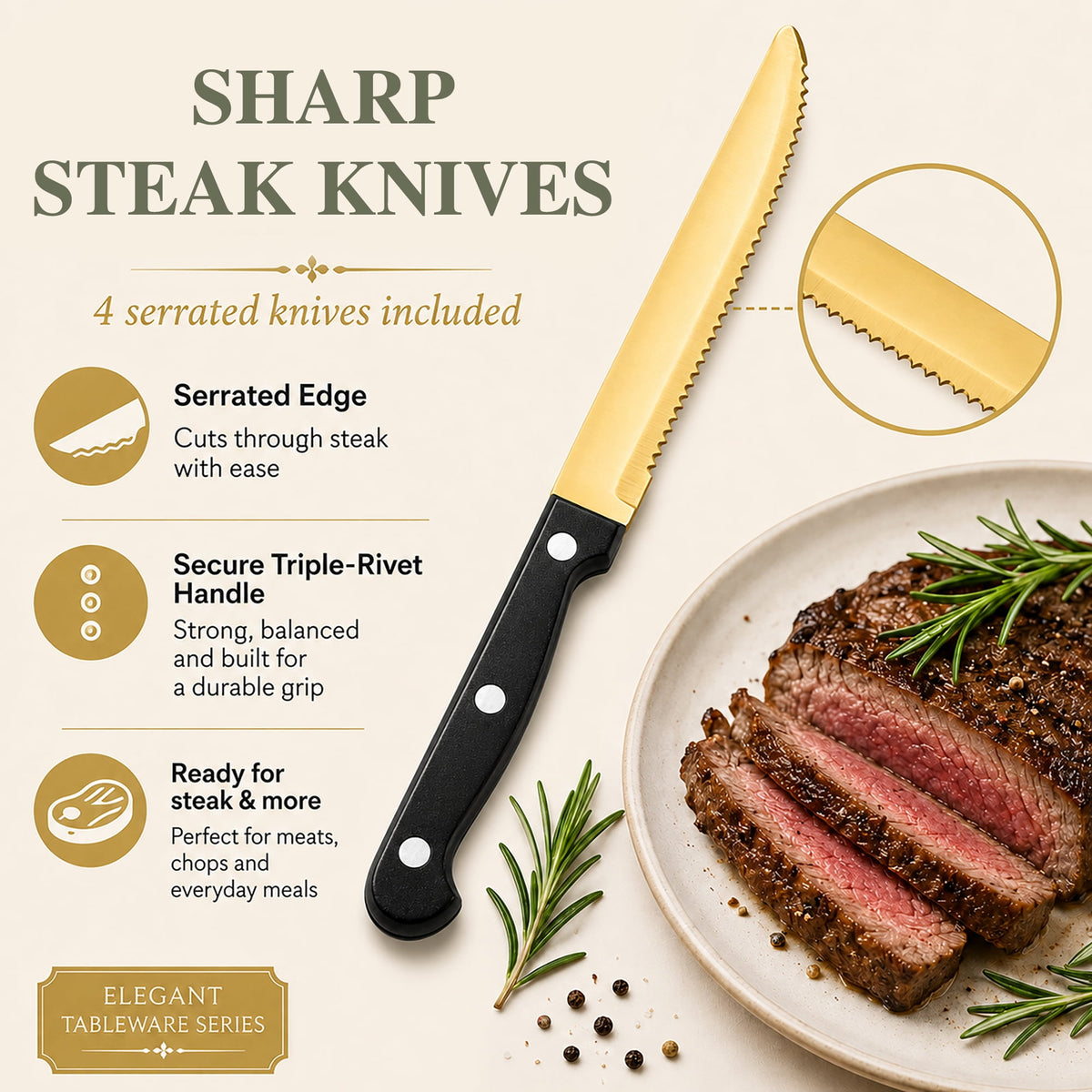 TINANA Silverware Sets, 24 PCS Flatware Set for 4, Stainless Steel Cutlery Utensil Set with Steak Knives Mirror Polished Forks and Spoons, Silver