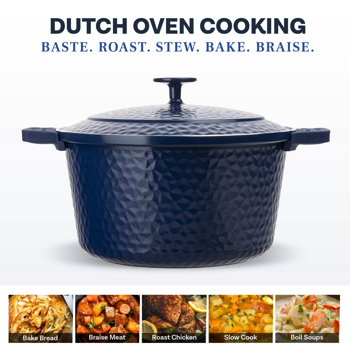 Gotham Steel Ceramic Hammered 5 Qt Lightweight Dutch Oven Pot with Lid & Holders, Oven Safe & Even Heat Retaining Dutch Oven for Bread Baking Sourdough, Soup, 70% Lighter than Cast Iron, Navy