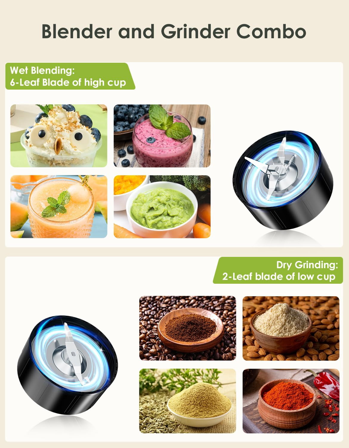 Personal Smoothie Blender, Blenders and Grinder Combo for Kitchen with 2 * 22 Oz To-Go Cup and Lid for Protein Shake, Baby Food, Frozen Drink