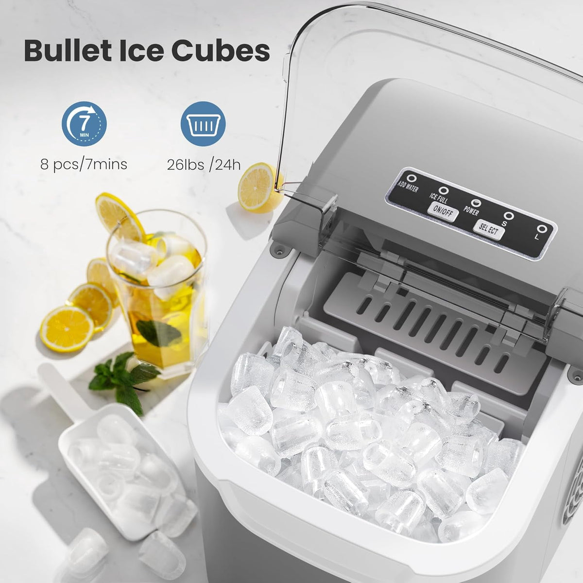 Havato Countertop Ice Maker, 8 Bullet Ice Cubes in 6 Mins, 26lbs/24H, w/ Scoop & Basket, White