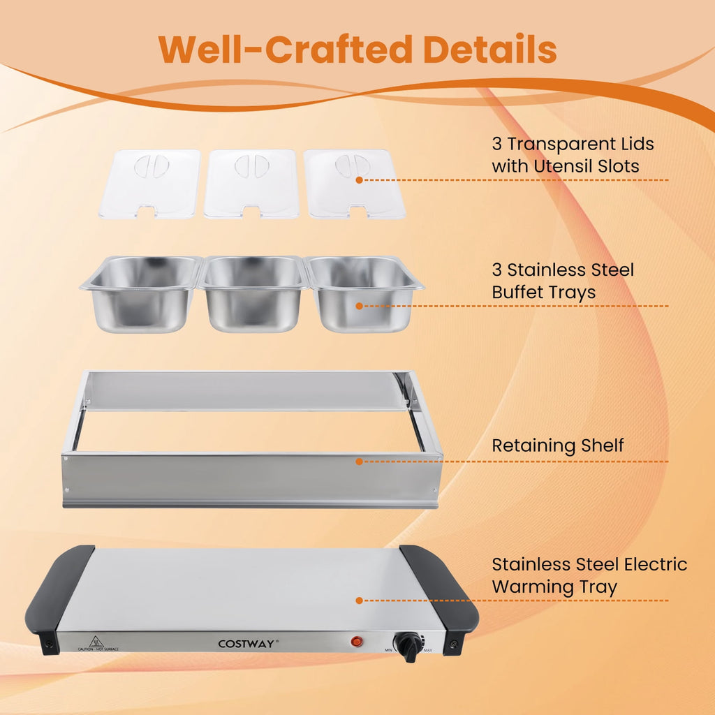 Costway Electric Buffet Server Food Warmer with 3 Removable Trays Adjustable Tempered
