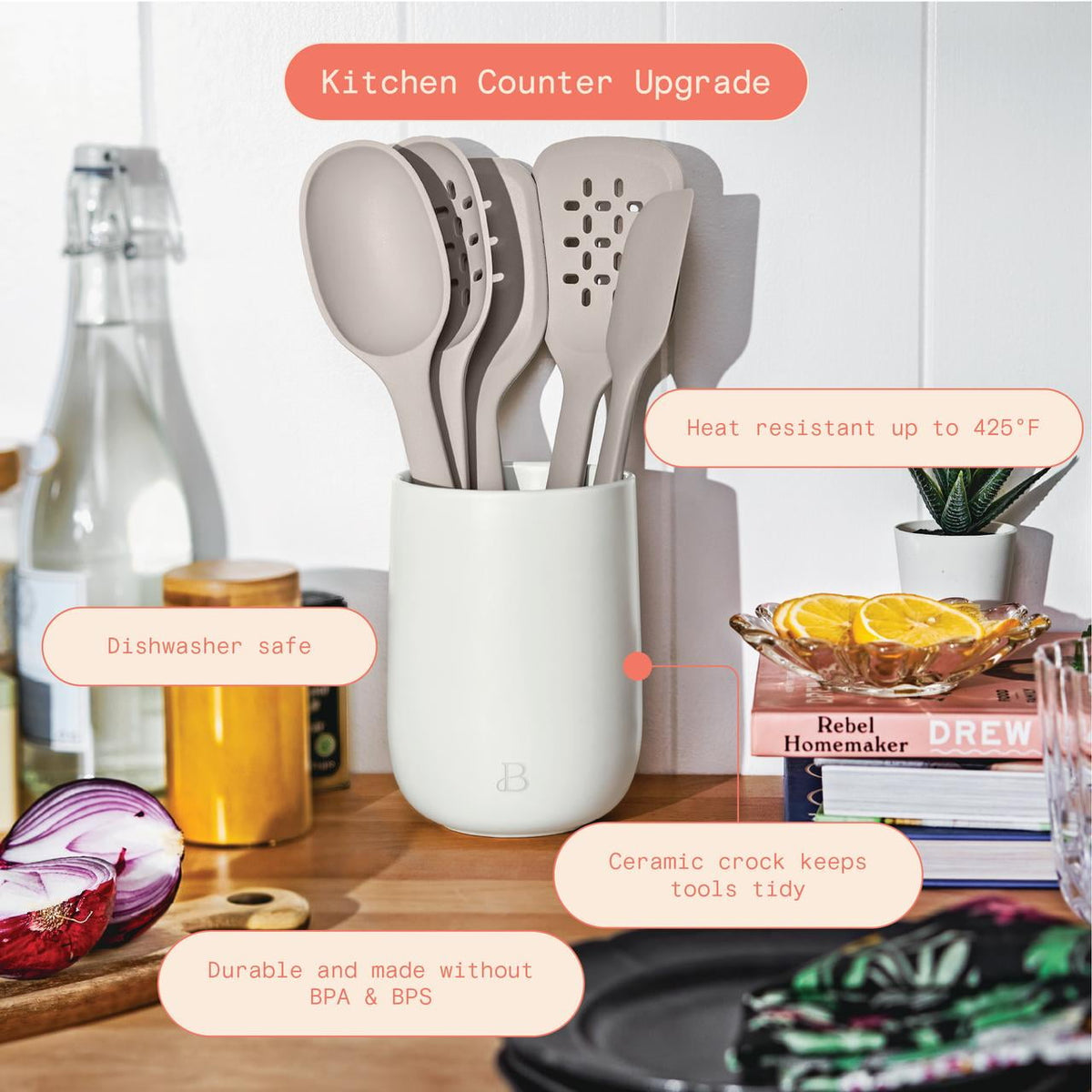 Beautiful 6-Piece Silicone Kitchen Tool Set with Ceramic Crock, Chocolate by Drew Barrymore