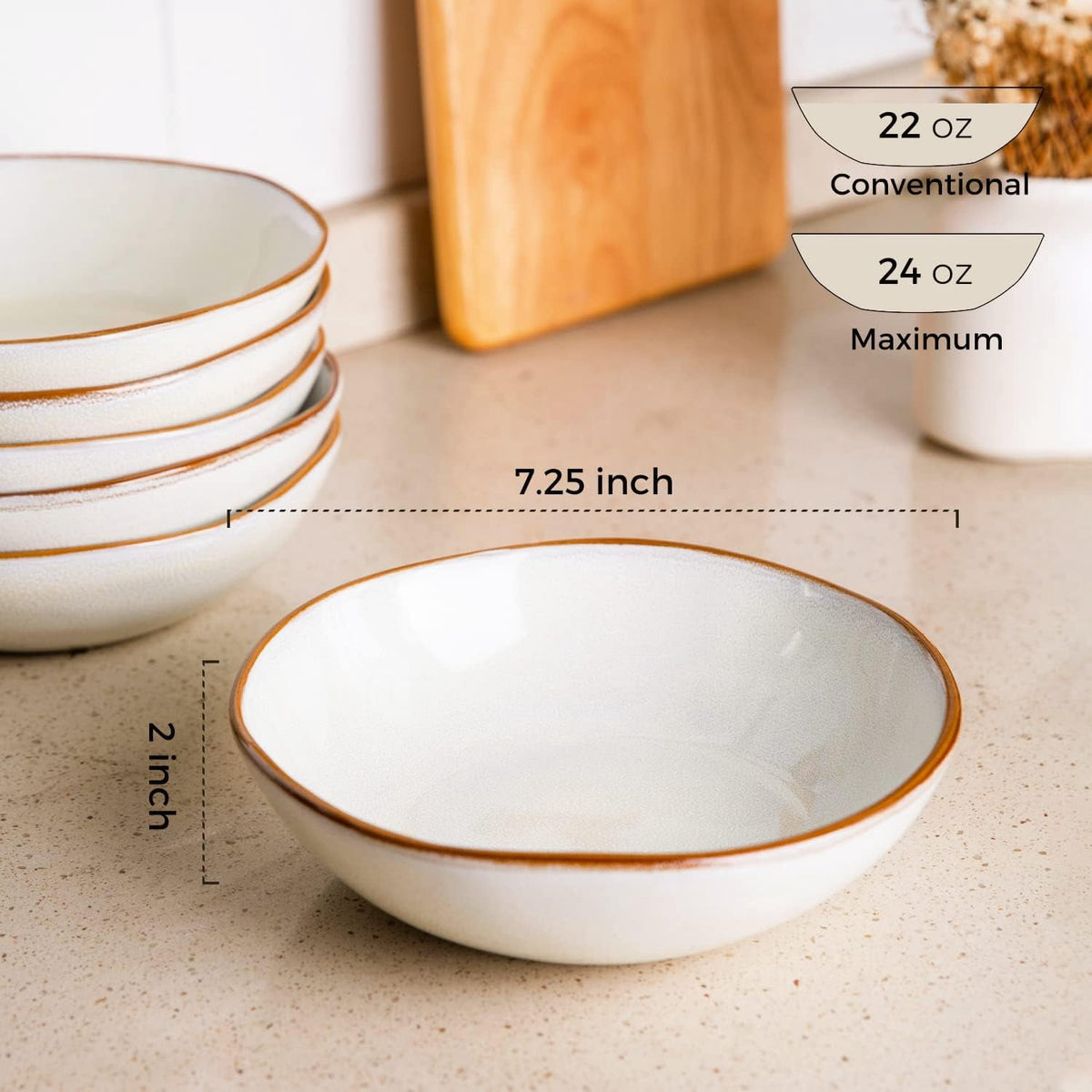 AmorArc Ceramic Cereal Bowls Set of 6, 24 oz Handmade Stoneware Bowls Set for Cereal Soup Salad, Stylish Kitchen bowls for Meal, Dishwasher & Microwave Safe, Reactive Glaze-Pearl White