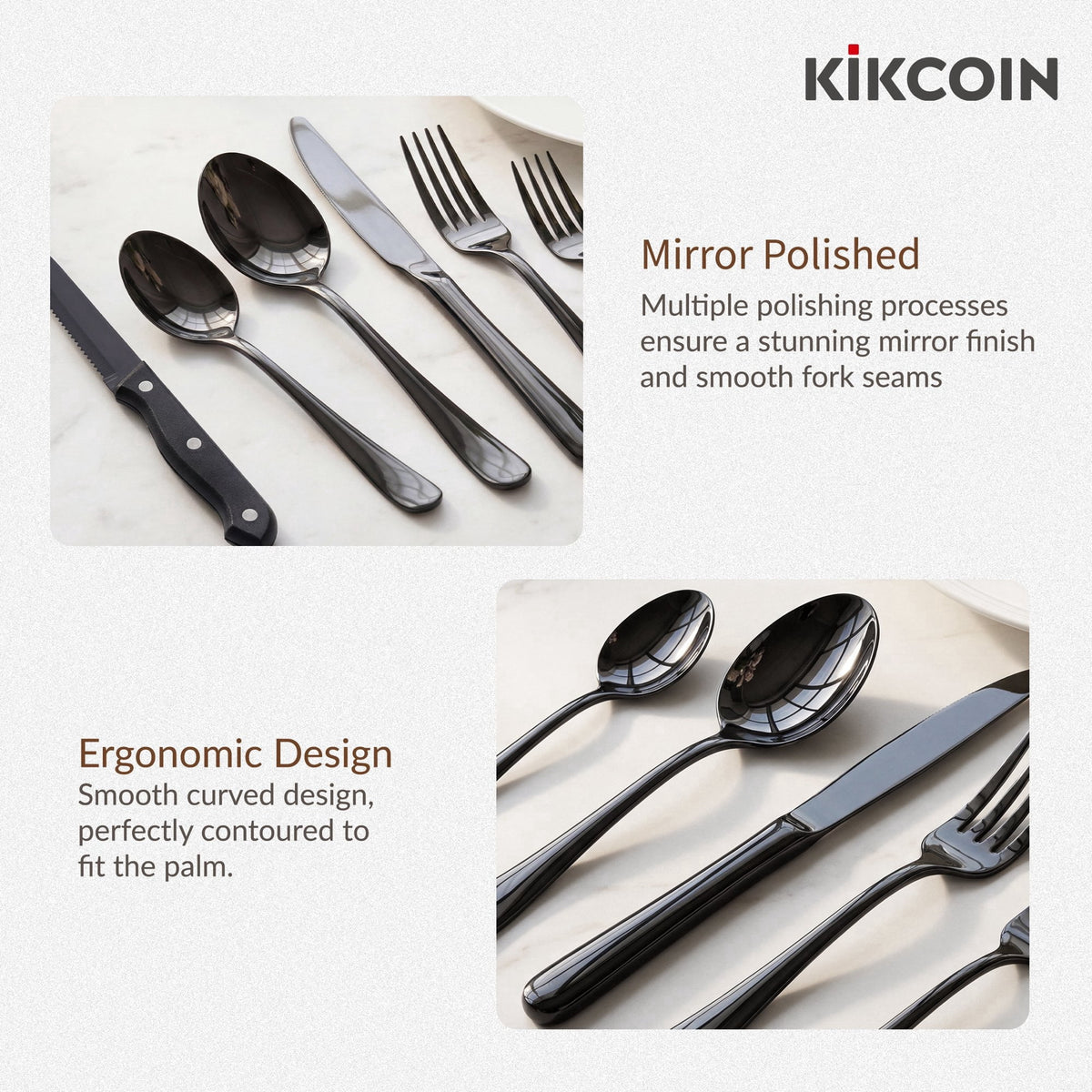 Kikcoin 42 Pcs Silverware Set for 8, Stainless Steel Flatware Set, Mirror-Polished Spoons, Forks and Knife Set, Cutlery Utensils Set for Kitchen, Wedding and Restaurant, Black