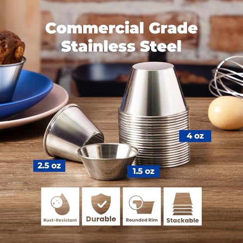 Fit Meal Prep [24 Pack 1.5 oz Stainless Steel Dipping Sauce Cups, Reusable Metal Ramekins, Commercial Grade Condiment Bowls, Individual Portion Cups, Small Round Au Jus Cup for Home, Restaurant
