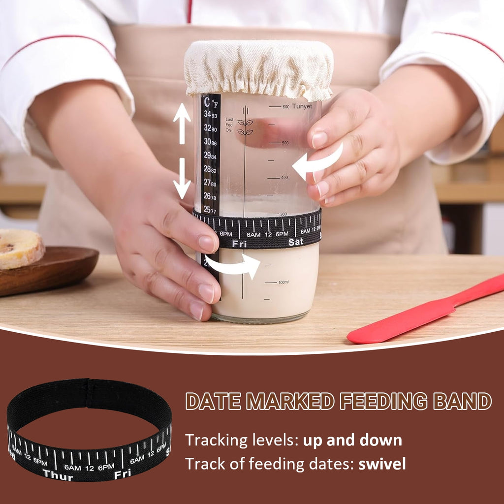 TINANA Sourdough Starter Jar Kit, 650ml Sourdough Starter Jar With Thermometer, Silicone Scraper, Cloth Cover And Aluminum Lid. Reusable Sour Dough Starter Jar