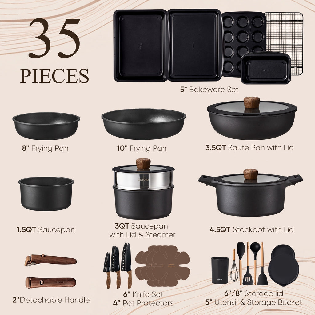 Carote 24-Piece Nonstick Cookware Set, Pots and Pans Set with Detachable Handle, Induction Compatible, Oven & Dishwasher Safe, Black