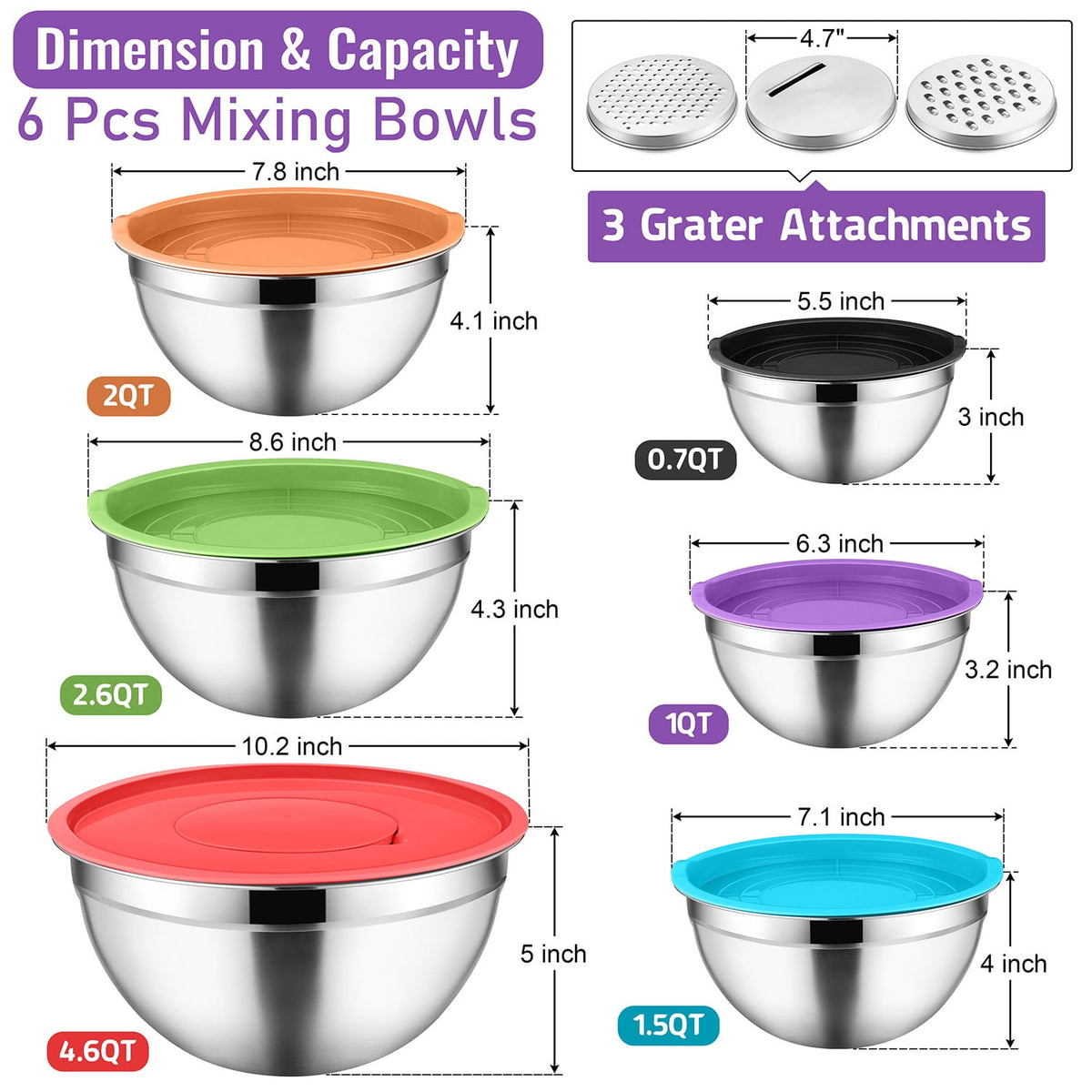 Mixing Bowls with Lids Set of 9, Vesteel Stainless Steel Mixing Bowls Metal Nesting Salad Bowls Attach with 3 Graters for Kitchen Grating/ Shredding, Size 4.6, 2.6, 2, 1.5, 1, 0.7 QT - Multi-Color