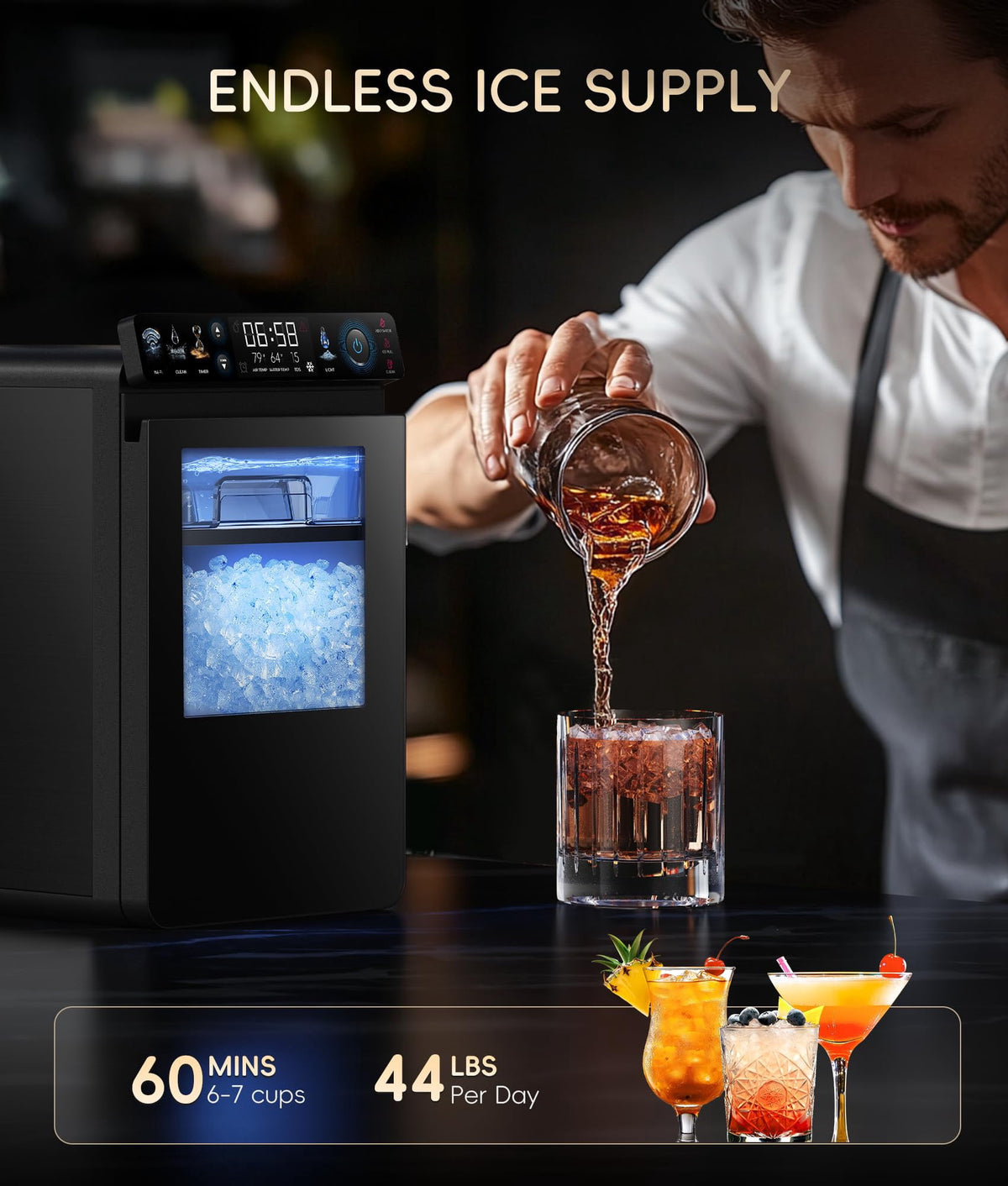 Ecozy Chillio Nugget Ice Maker Countertop with App Control, Smart Pebble Sonic Ice Machine, 44LBS/24H Soft Chewable Pellet Ice