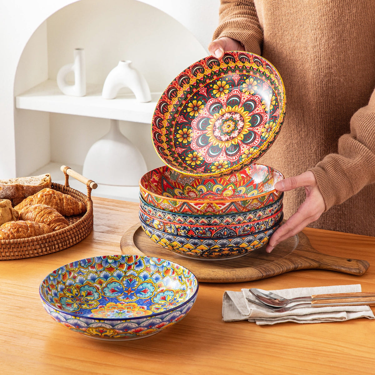 vancasso 32oz Pasta Bowls, Ceramic Salad Bowls Set of 6, Dishwasher and Microwave Safe, Bohemian Style