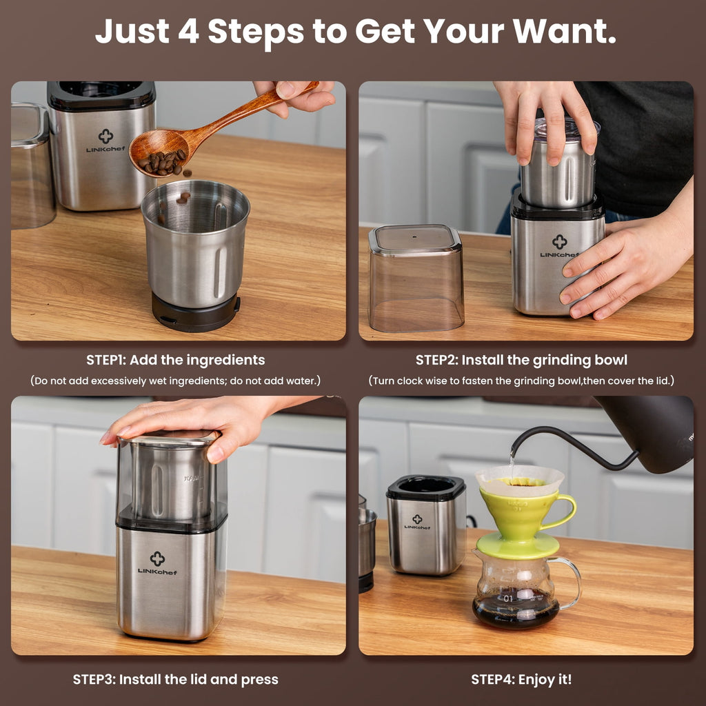 LINKChef Coffee Grinder, Coffee Bean Grinder, Spice Grinder with Stainless Steel Four Blades Perfect for Coffee Beans, Spice, Tea (Black)