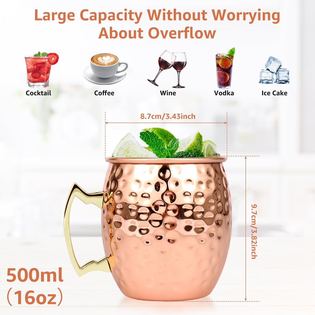 Jetcloudlive Moscow Mule Mugs Set of 2,16 oz Hammered Copper Cups with 304 Stainless Steel Lining and Gold Brass Handles,Perfect for Cold Drinks,Beer,Wine,Bars,Parties,Gifts