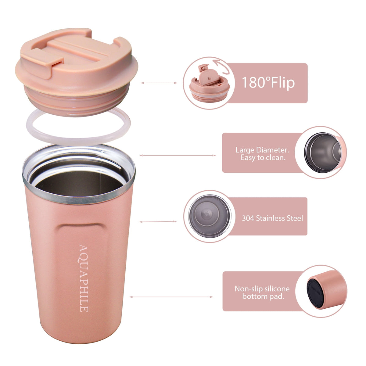 Aquaphile 17oz Coffee Mug to Go Stainless Steel Thermos Double Wall Insulated Coffee Cup Reusable Travel Mug with Leak proof Lid, White