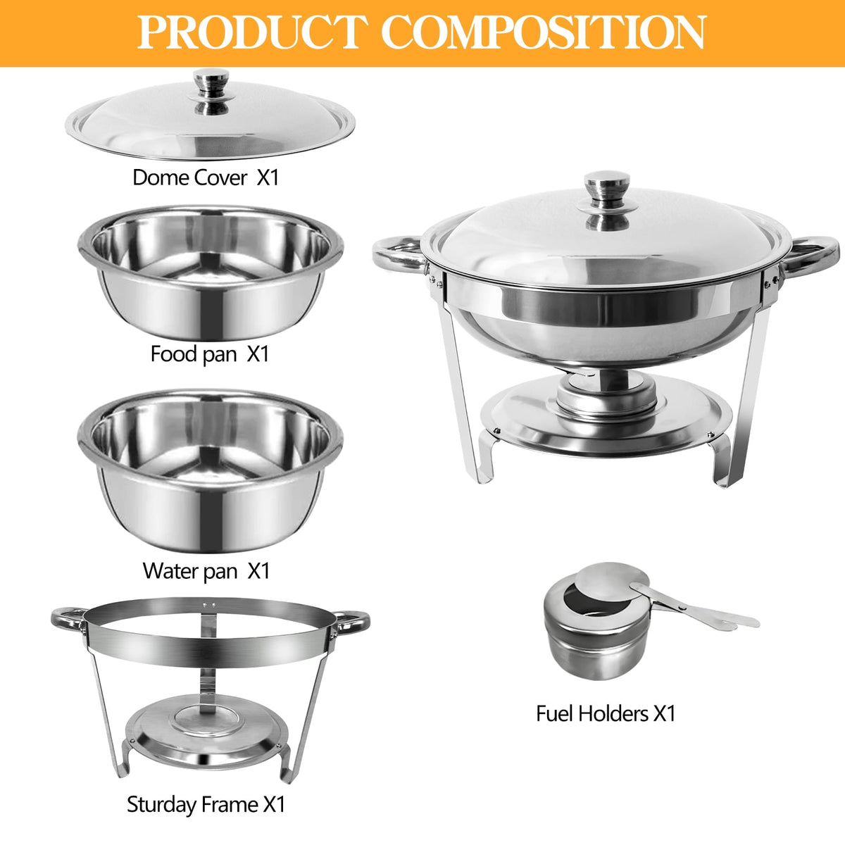 Jacgood Chafing Dish Buffet Set 4 Pack 8QT Full Pan Stainless Steel Food Warmer Chafer Complete Set with Water Pan, Chafing Fuel Holder for Home Party, Buffets, Wedding, Banquet, Catering Events